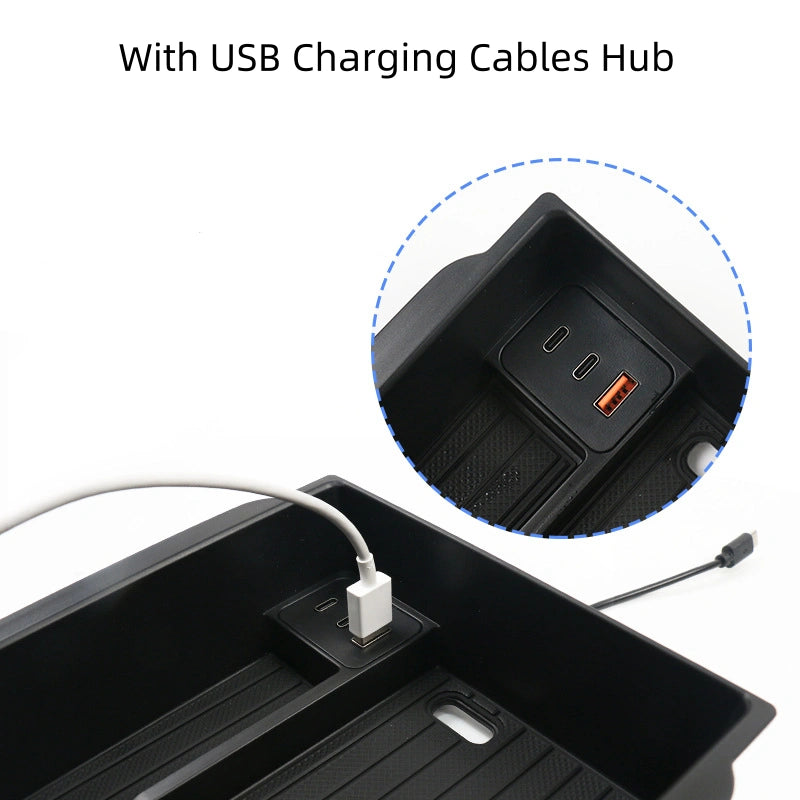 Armrest Storage Box with USB Charging Cables Hub for Tesla Model Y Juniper  Modtesla